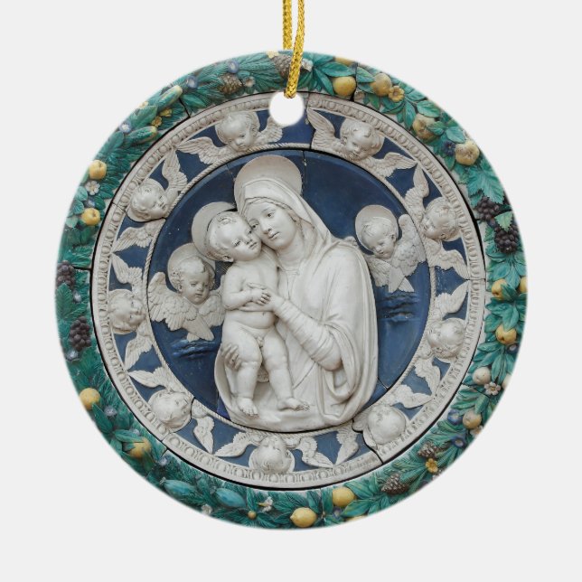 Della Robbia Madonna Child Cherubs Garland Blue Julgransprydnad Keramik (Framsidan)
