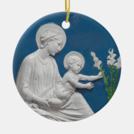 Della Robbia Madonna & Child w/ Lilies Blue White Julgransprydnad Keramik