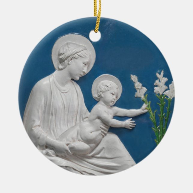 Della Robbia Madonna & Child w/ Lilies Blue White Julgransprydnad Keramik (Framsidan)