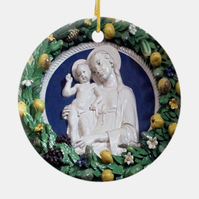 Della Robbia Madonna med Child and Fruit Garland Julgransprydnad Keramik (Baksidan)