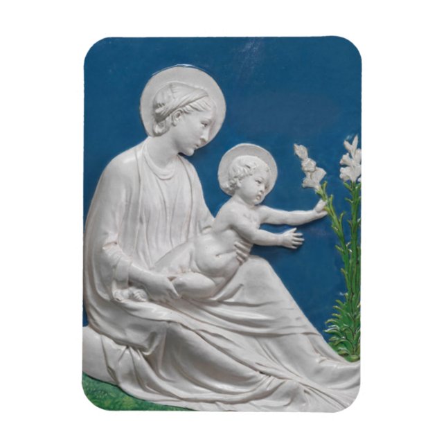 Della Robbia Madonna och Child Blue White Lilies Magnet (Vertikal)