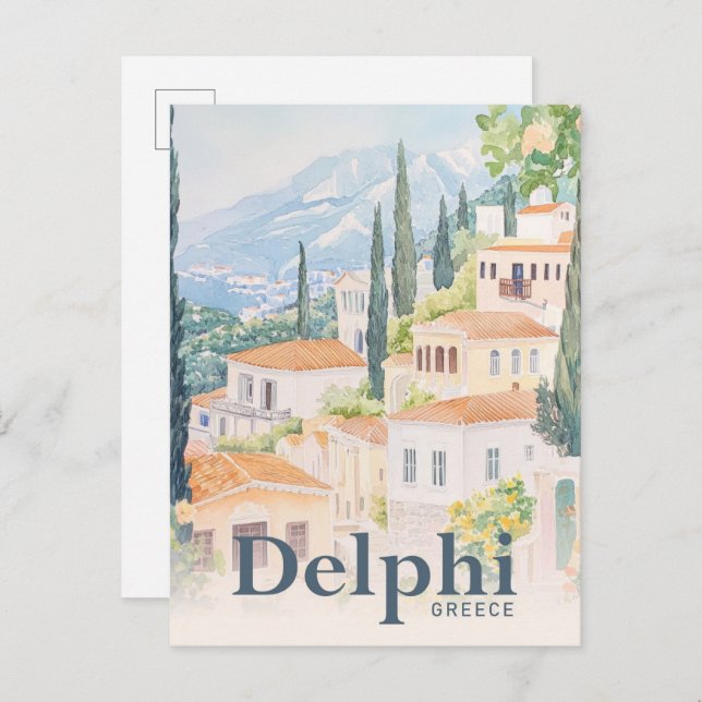 Delphi Greece Watercolor Travel Illustration Vykort (Fram/baksida)