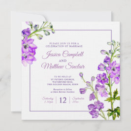 Delphinium blommor lila vattencolor art bröllop inbjudningar