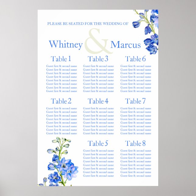 Delphinium blue Bröllop Seating Bord Planner Poster (Framsidan)