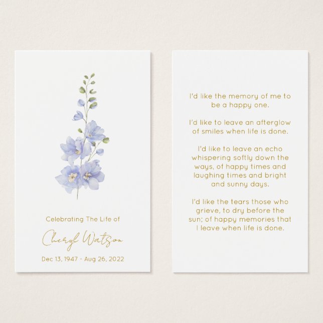 Delphinium | Enkel minneskort för böner Visitkort (Framsida & baksida)