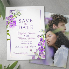 Delphinium floral save the date purple photo spara datumet