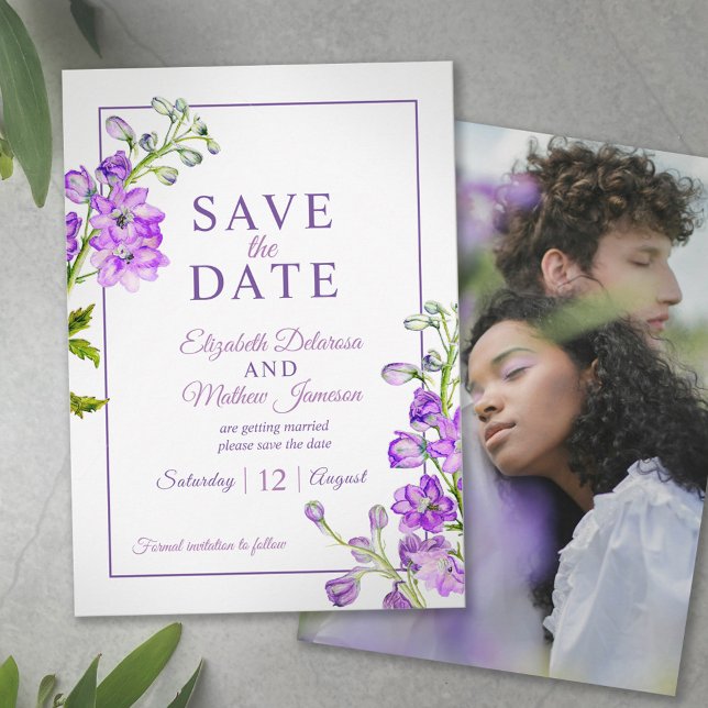 Delphinium floral save the date purple photo spara datumet (Skapare uppladdad)