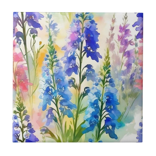 Delphinium Impressionist Blommigt Kakelplatta (Framsidan)