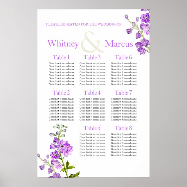 Delphinium lila bröllops sittplatsschema poster (Framsidan)