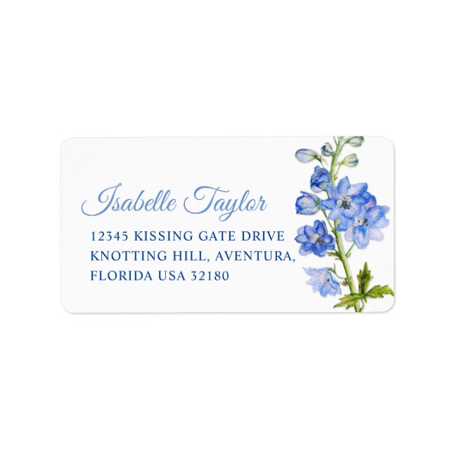 Delphinium målat blue bröllop address label adressetikett (Framsidan)