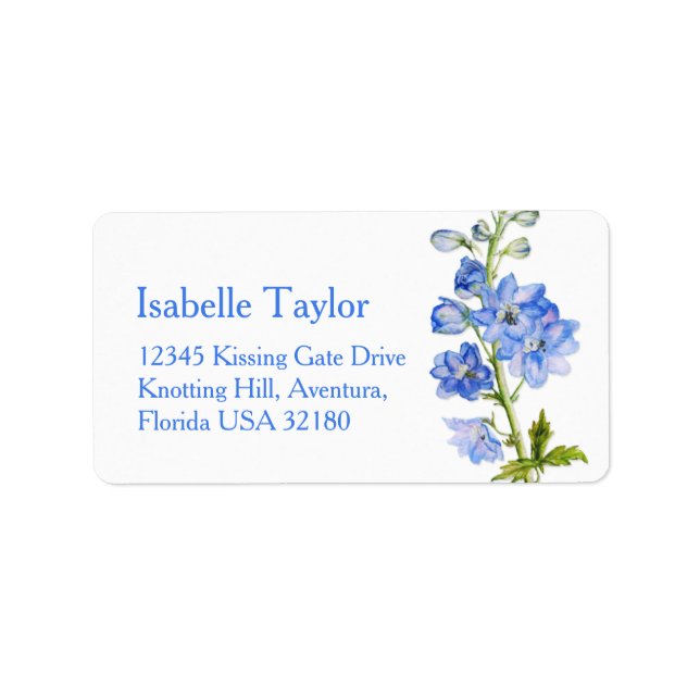 Delphinium målat blue bröllop address label adressetikett (Framsidan)