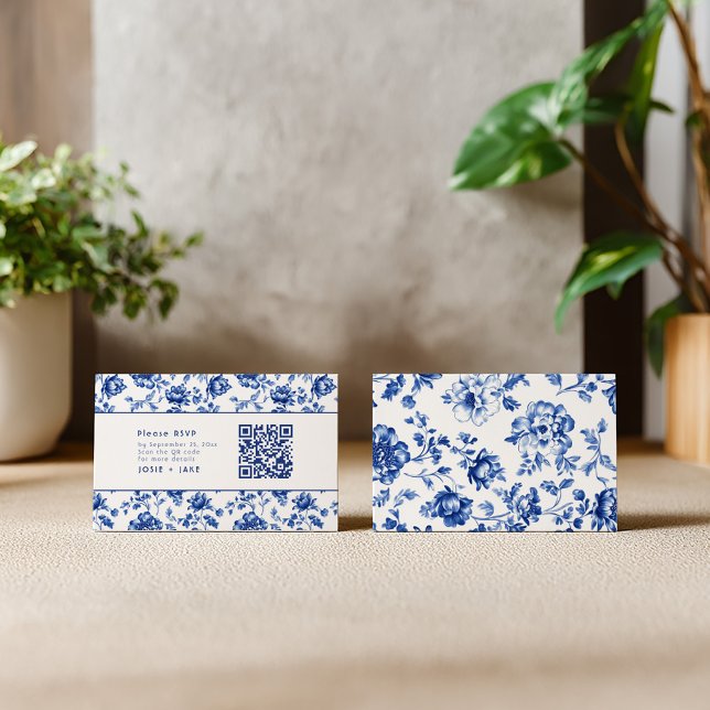 DelSoftware Blue Blommigt OSA med qr-kod Tilläggskort (Blue delftware style blue and white wedding invitation rsvp insert)