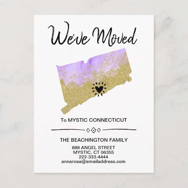*~* DELSTATEN CONNECTICUT Glitter Lila Flyttning Meddelande Vykort (Framsida)