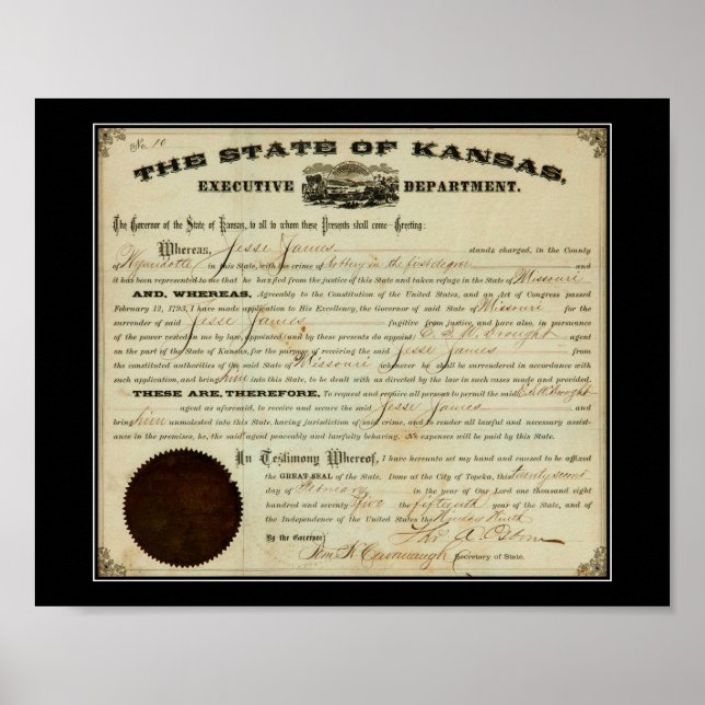Delstaten Kansas 1875 Jesse James utlämningsorder Poster (Framsidan)
