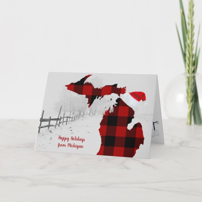 delstaten Michigan med buffalo plaid och jultomtes Kort (Framsida)