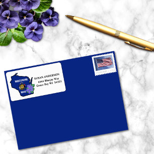 Delstaten Wisconsin Flagga och Flower Blue Violet Adressetikett