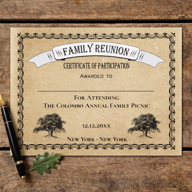 Deltagande i familjeåterförening för Träd (Family Reunion Event Certificate. Prizes, participation, award. Family Tree Design,)