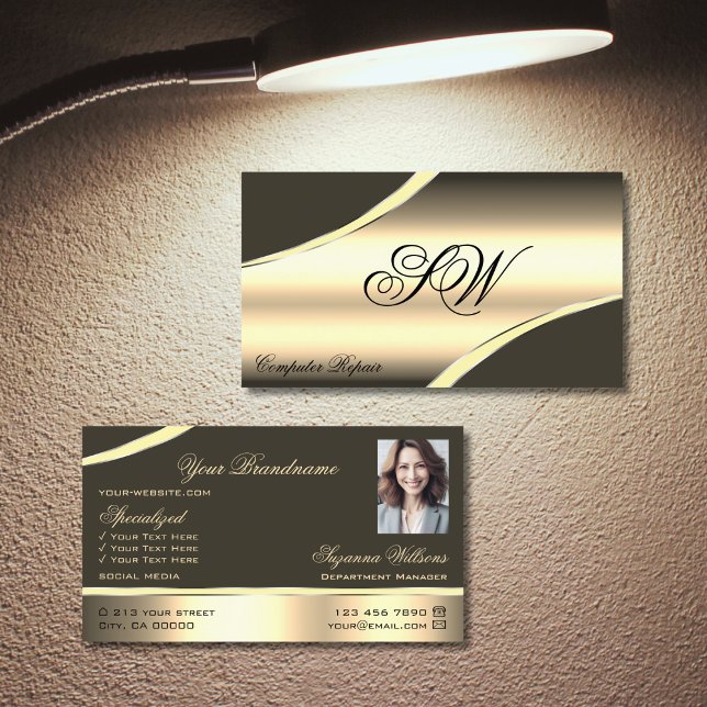 Deluxe Guld Brown Curved Linjer Monogram och Photo Visitkort (Skapare uppladdad)