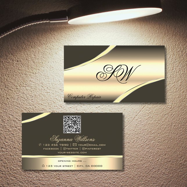 Deluxe Guld Brown Curved Linjer Monogram QR-kod Visitkort (Skapare uppladdad)
