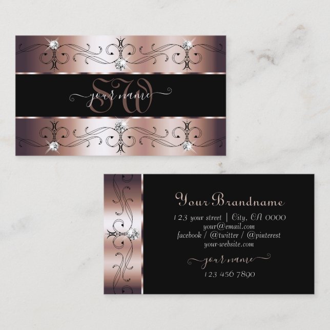 Deluxe Ro Guld och Black Ornate Gräns Monogram Visitkort (Fram/baksida)