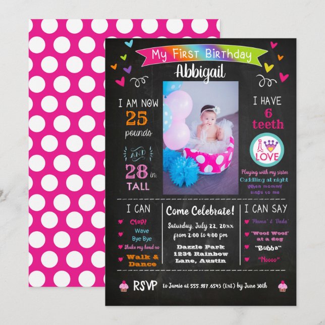 Delvis regnbåge för första födelsedag inbjudningar (Fram/baksida)