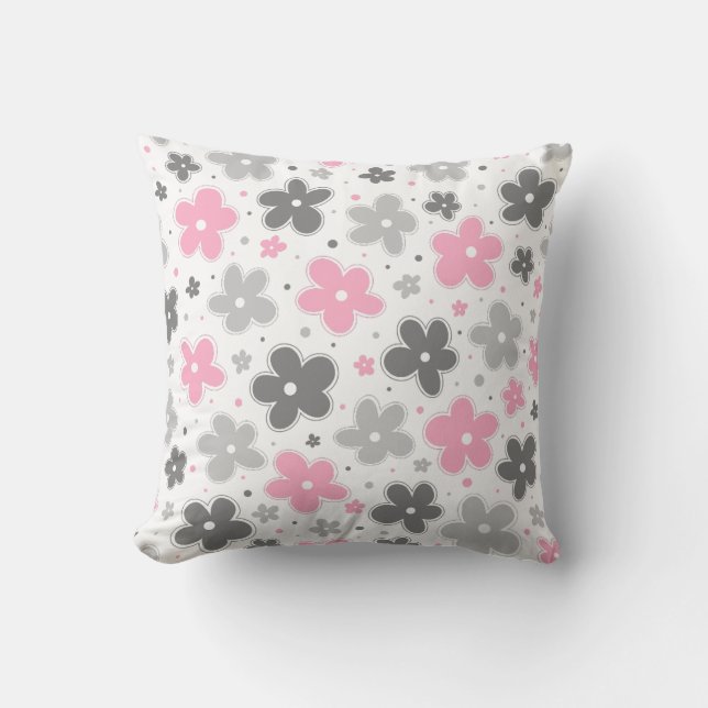 Demigirl Pride Flowers Doodle Grått White Rosa Kudde (Framsida)
