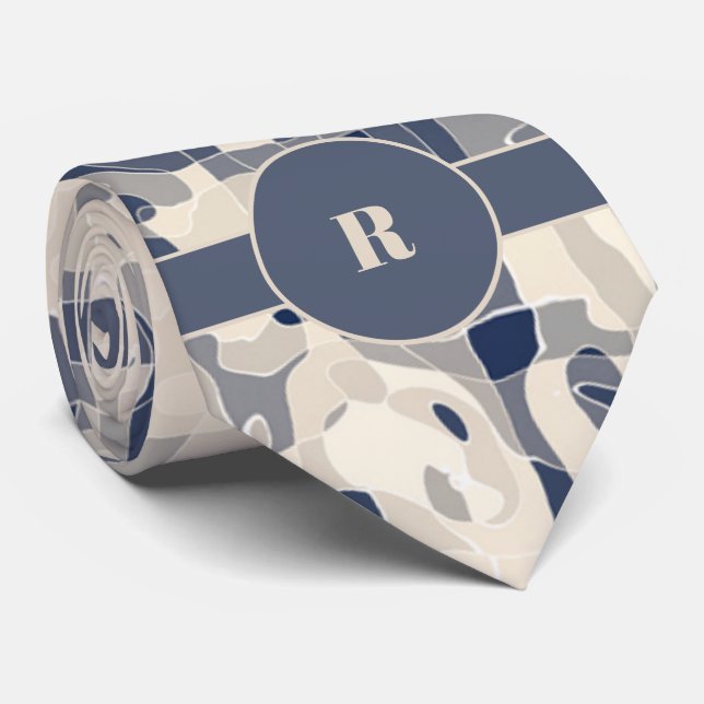 Demin Blue- och Taupe-Abstrakt med Monogram Slips (Rullad)