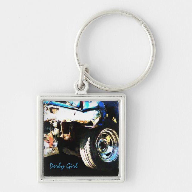 DemoDerby bil Fyrkantig Silverfärgad Nyckelring (Framsidan)
