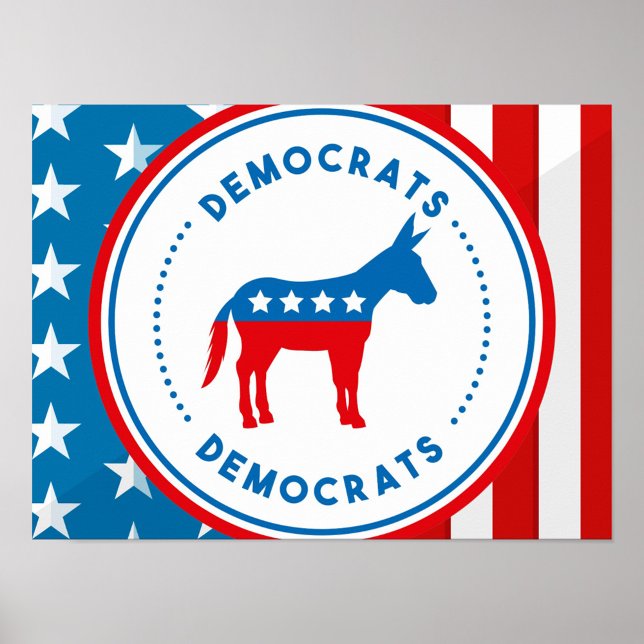 Demokratiska partiets emblemmärke  poster (A strong Democratic Party badge with iconic donkey art and America textures.)
