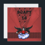 Demon Hunter Goth Red Scary 16:e födelsedagen Inbjudningar<br><div class="desc">Crimson Red metall ser ut med en hopfälld papprare övertäckning och ett kedjepostband med en svartvind demonjägare på ett moln med ett svärd. Perfekt för en tonåringar 16-årsdag.</div>