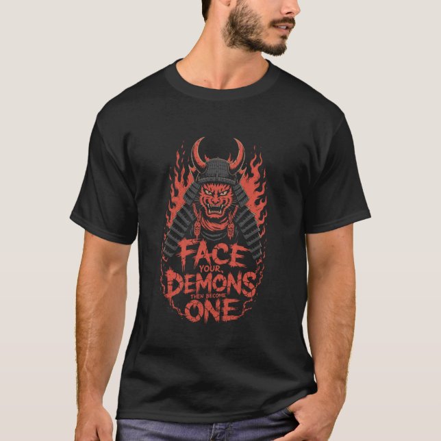Demon Katt Samuraj Konfronta Dina Demoner Krigares T Shirt (Framsida)