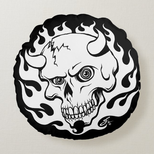 Demon Skull i Flames Rund Kudde (Framsidan)