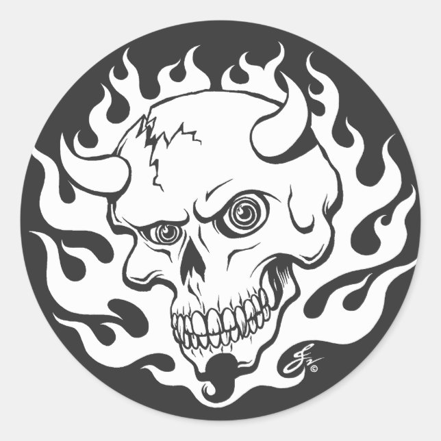Demon Skull i Flames Runt Klistermärke (Framsida)