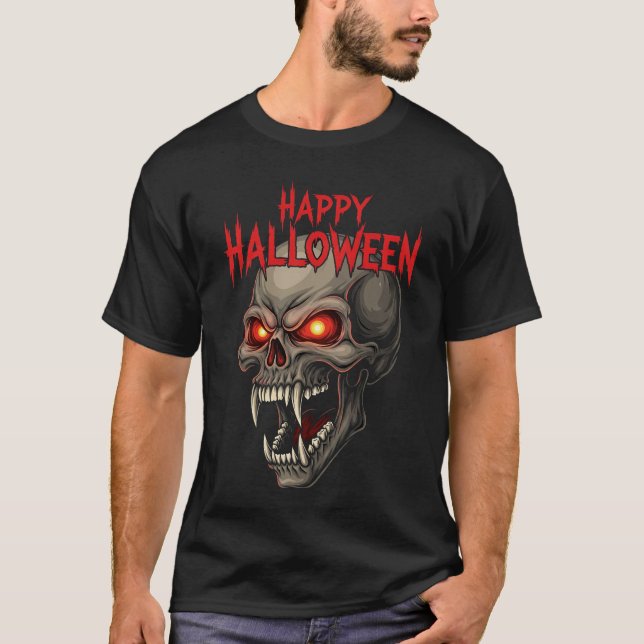 Demon Skull med Glowing Ögon Halloween T Shirt (Framsida)