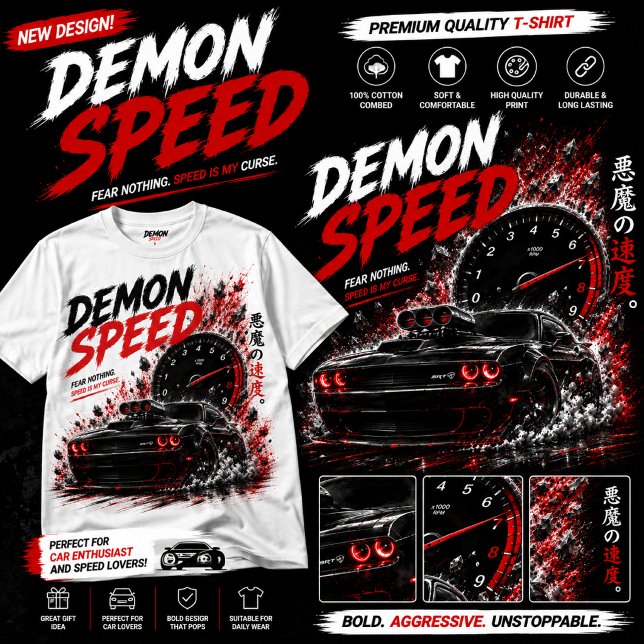 Demon Speed Muscle Car Mörk Racing - Vit T-Shirt (Skapare uppladdad)