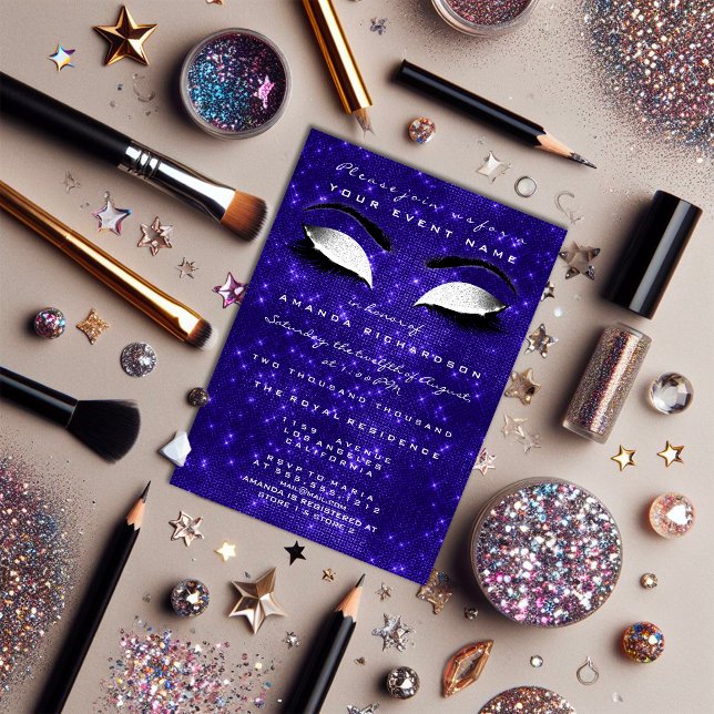 Den 16:e Möhippan för marin blå Makeup White Spark Inbjudningar (Navy Blue Makeup White Sparkly Glitter 16th Bridal Invitation)