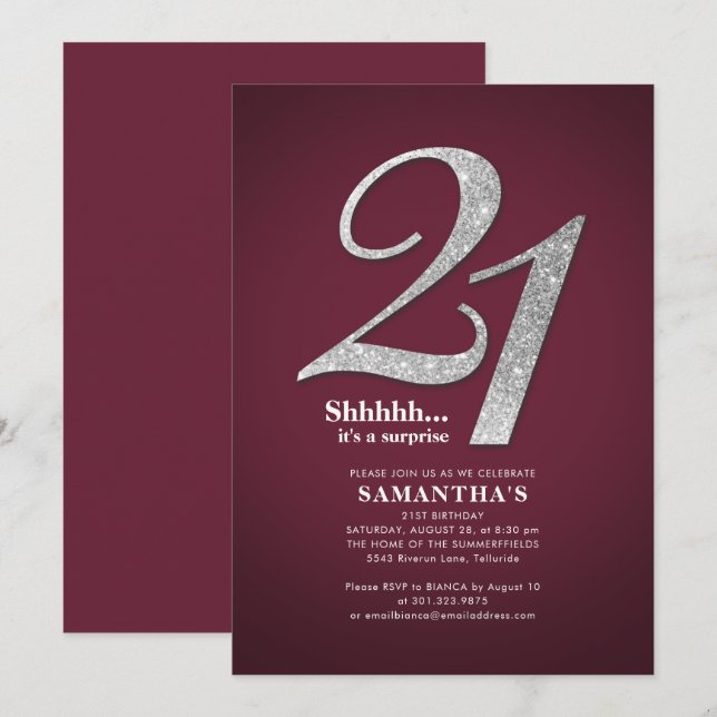 Den 21:a överraskande födelsedagen i Modern Silver Inbjudningar (Fram/baksida)