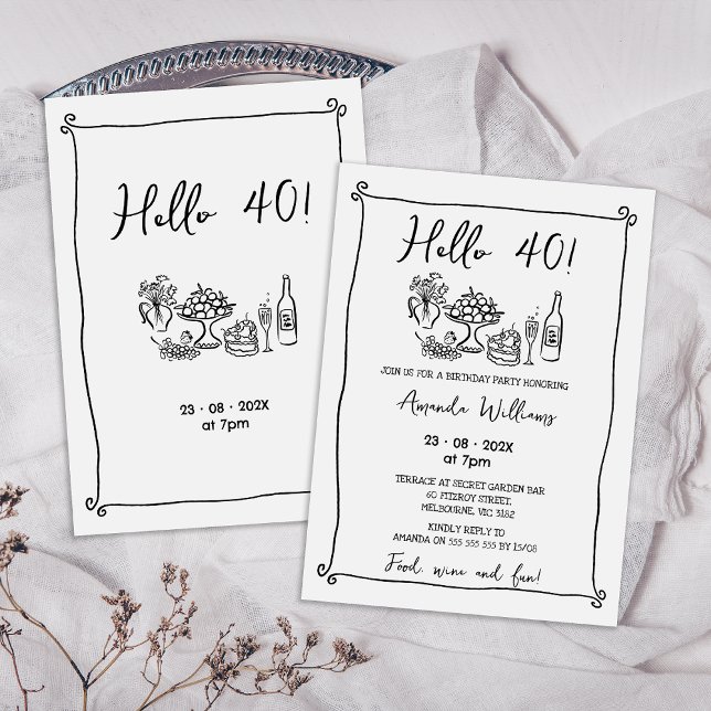 Den 40:e fågeldagen i Svarta Hand plockade Inbjudningar (Whimsical Hand Drawn Hello 40 Birthday Invitation, Any Age Whimsical Birthday Invitation, Food Drink)