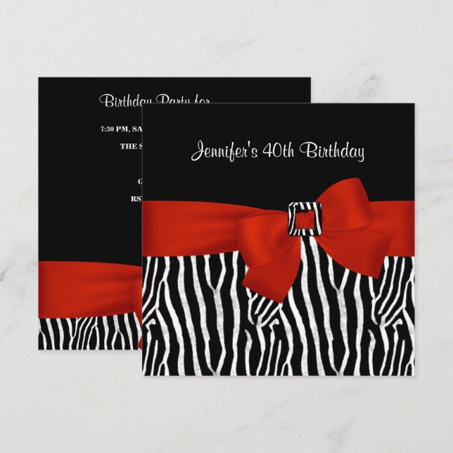 Den 40:e födelsedagen Party Black Zebra Rand Red B Inbjudningar (Fram/baksida)