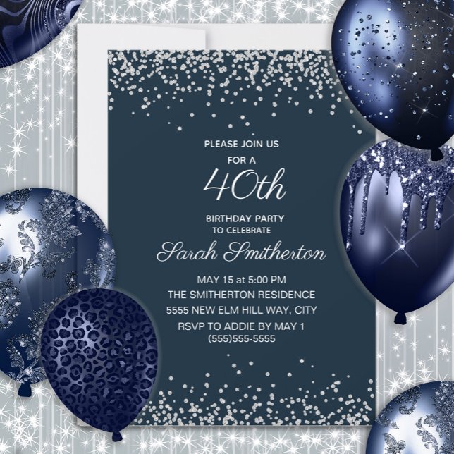 Den 40:e födelsedagen vid marinblått Silver Diamon Inbjudningar (Navy blue and silver glitter women's 40th birthday party invitation)