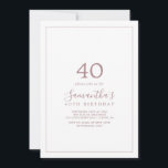Den 40:e födelsedagsinbjudan till Ro Guld Inbjudningar<br><div class="desc">Denna minimalistiska inbjudan till 40-årsdagen för guld i ro är perfekt för en enkel födelsedagsfest. Den moderna romantiska designen har klassiskt ro guld och vit typografi parad med en rografi av rustik men elegant med vintage handskrivet stil. Anpassade i alla färg. Behålla designen enkel och elegant, som den är, eller...</div>