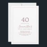 Den 40:e födelsedagsinbjudan till Ro Guld Inbjudningar<br><div class="desc">Denna minimalistiska inbjudan till 40-årsdagen för guld i ro är perfekt för en enkel födelsedagsfest. Den moderna romantiska designen har klassiskt ro guld och vit typografi parad med en rografi av rustik men elegant med vintage handskrivet stil. Anpassade i alla färg. Behålla designen enkel och elegant, som den är, eller...</div>