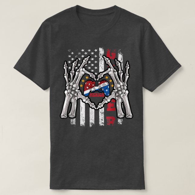 Den 4 juli 2010, Amerikanska Flagga Usa Skeleton V T Shirt (Design framsida)