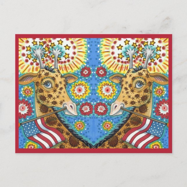 DEN 4 JULI AV PATRIOTISKA TVÅ GIRAFFES, FIREWORKS  HELG VYKORT (Framsida)