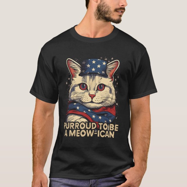 Den 4 juli kattör som är Meow-Ican American Ca T Shirt (Framsida)