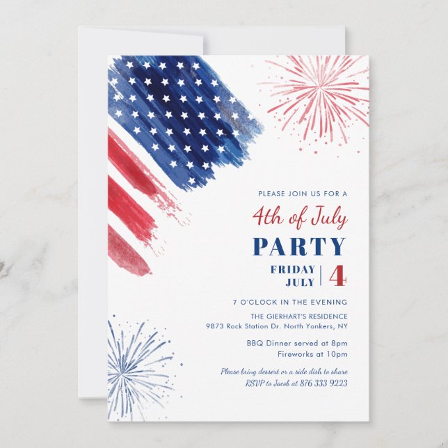 Den 4 juli Rött vitt blått patriotiska Party Inbjudningar (Framsida)