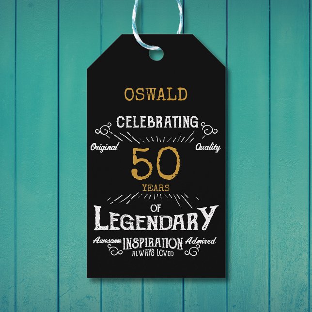 Den 50:e födelsedagstidningen Black Guld Legendary Presentetikett (50th Birthday Black Gold Legendary Vintage Gift Tags
)