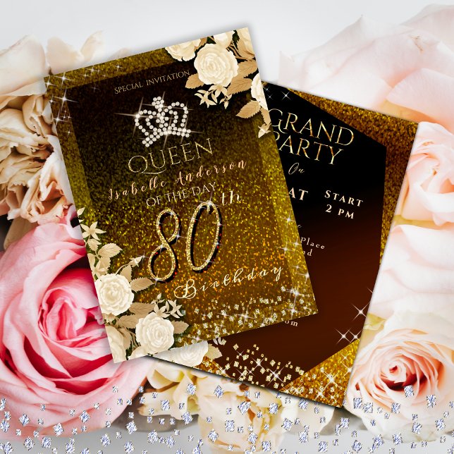Den 80:e söndagen i Guld vid skärningen av Krona Inbjudningar (Elegant crown birthday Invitation card for your mom or grandmother for her special 80th birthday.)