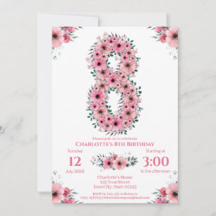 Den 8:e födelsedag Grönten Foliage Girl Rosa Flowe Inbjudningar