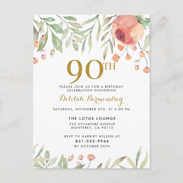 Den 90:e Födelsedagsfesten Guld Glitter i Blommigt Inbjudan Vykort (Framsida)